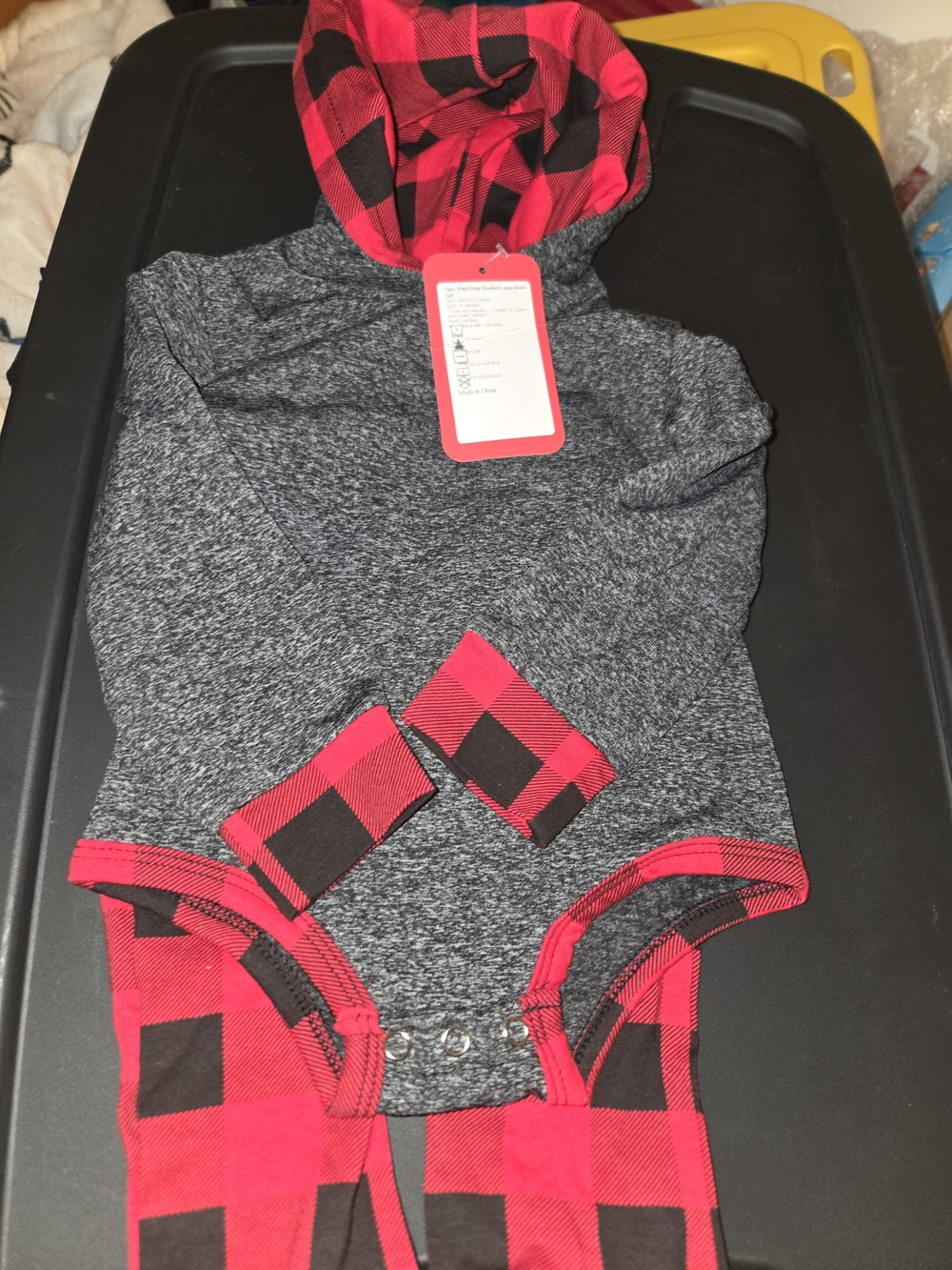 2 Pc Grey Bodysuit with Red Plaid Hood and Trim for Kids